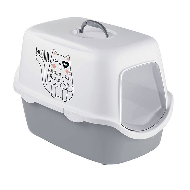 Stefanplast Griffe Baskılı Kapalı Kedi Tuvaleti Gri/Beyaz	